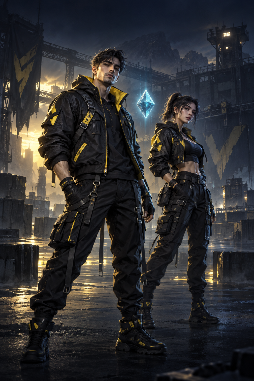 Dos personajes originales con vestuario táctico amarillo y negro junto a un diamante holográfico azul